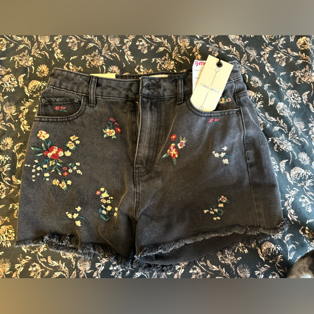 Banjara black embroidered denim shorts
